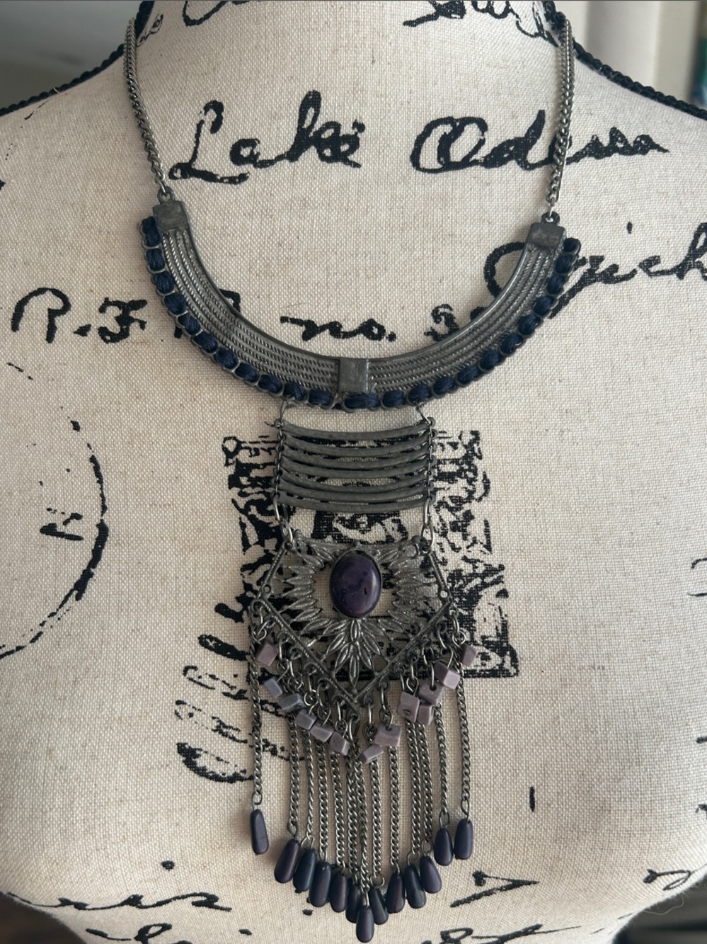 Boho Vintage Silver Statement Necklace w/ Purple Cabochon and Fringe